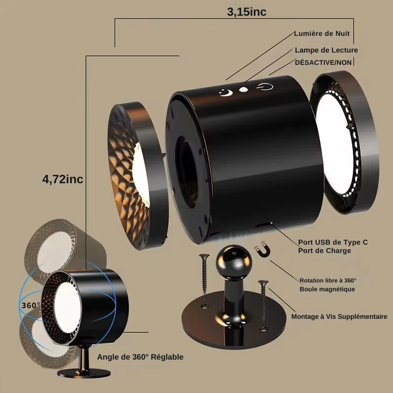 Lampe Murale LED 360° Sans Fil – Rechargeable, Rotative et à Commande Tactile