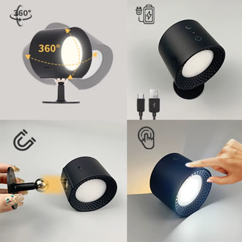 Lampe Murale LED 360° Sans Fil – Rechargeable, Rotative et à Commande Tactile